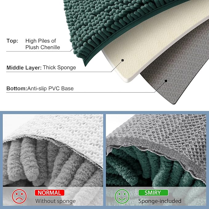 Smiry Luxury Chenille Bathroom Rugs 59x35, Extra Soft and Absorbent Shaggy Bath Mat, Machine Washable, Non-Slip Plush Carpet Runner for Tub, Shower, and Floor, Home Decor Accessories, Green