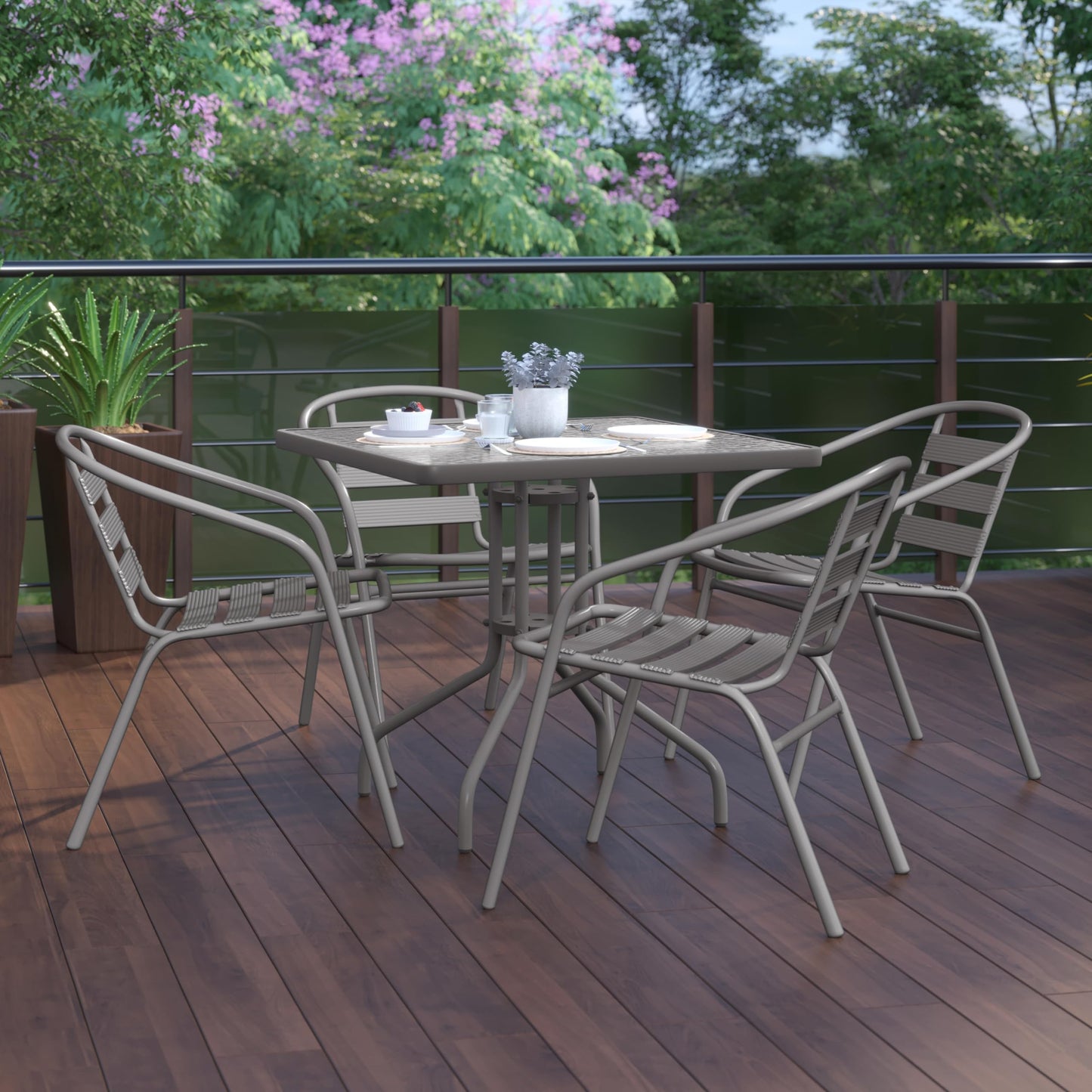 Flash Furniture TLH-0732SQ-017CSV4-GG Lila 31.5'' Square Glass Table with 4 Metal Aluminum Slat Stack Chairs, Silver