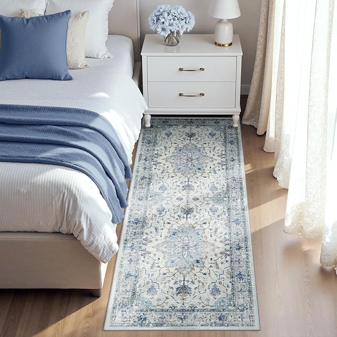 Area Rugs 3'x6' Runner Rug Non Slip Washable for Kitchen Hallway Bedroom Beside Laundry Room Bathroom Rug, Floor Carpet, Light Blue Navy Beige Gray White