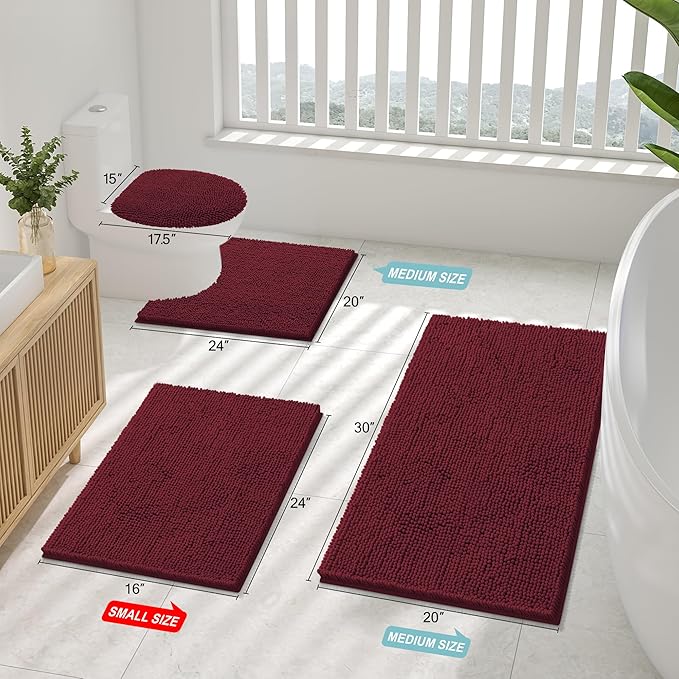 Smiry Luxury Chenille Bathroom Rugs 59x24, Extra Soft and Absorbent Shaggy Bath Mat, Machine Washable, Non-Slip Plush Carpet Runner for Tub, Shower, and Floor, Home Decor Accessories, Burgundy