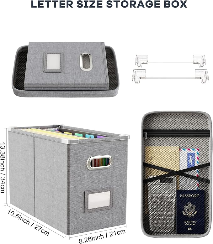 Oterri Hanging Filing File Box with Mesh Pocket, File Organizer Box with Lid, Collapsible Document Organizer Box for Letter Size, Easy Slide Durable Storage Box for Office/Decor/Home (2 PCS, Grey)