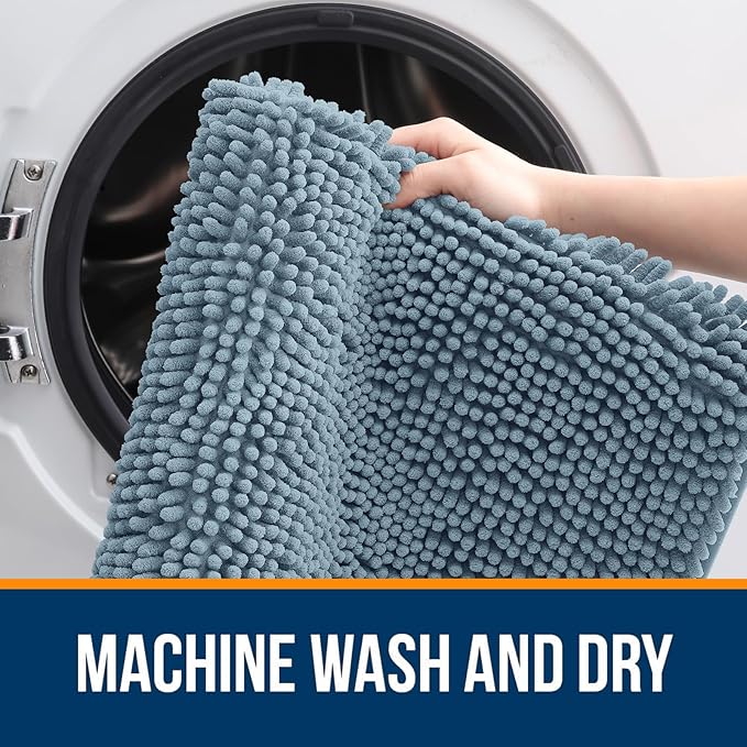 OLANLY Bathroom Rugs 59x24, Extra Soft Absorbent Chenille Bath Rugs, Rubber Backing Quick Dry, Machine Washable Bath Mats for Bathroom Floor, Tub and Shower, Home Decor Accessories, Airy Blue
