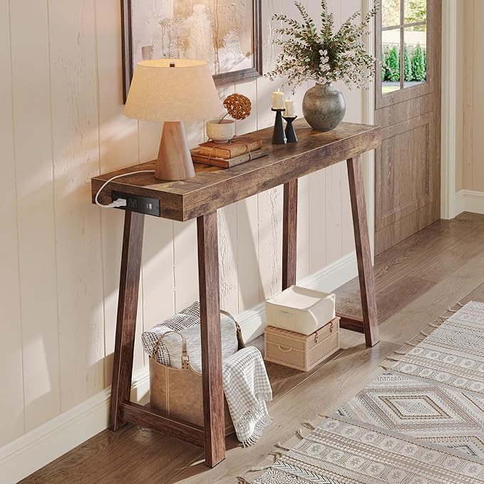 Huuger Entryway Console Table with Charging Station, USB-C Port, 39.4 Inch Sofa Table with Metal Legs, Entry Hallway Table with Thicker Desktop, Modern Behind Couch Table, Rustic Brown
