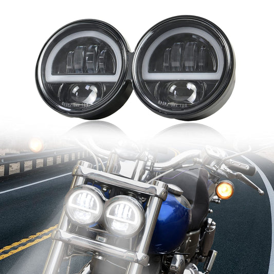 VEISUTOR Dual LED Headlight for Fat Bob，Upgraded LED Headlamp Front Light Kit with High Low Beam Turn Signal Lights and Halo Ring DRL for Harley Dyna Fat Bob 2008-2019 Accessories