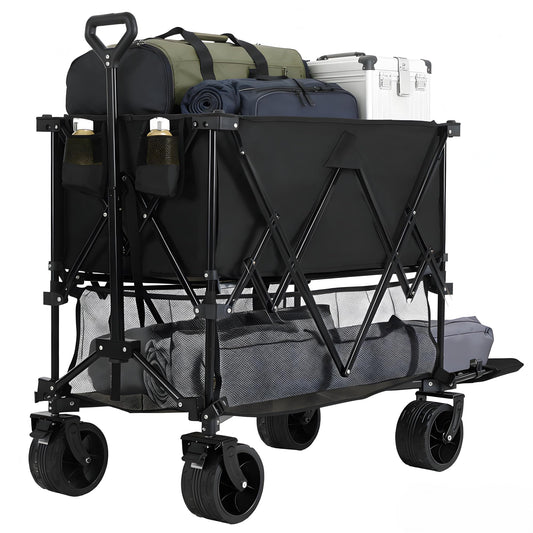 NEWBULIG Large Capacity Wagon Carts Foldable, 440LB Heavy-Duty Double Decker Wagon with All-Terrain Wheels, Portable Storage Shopping Cart for Groceries, Camping, Sports, Beach, Garden