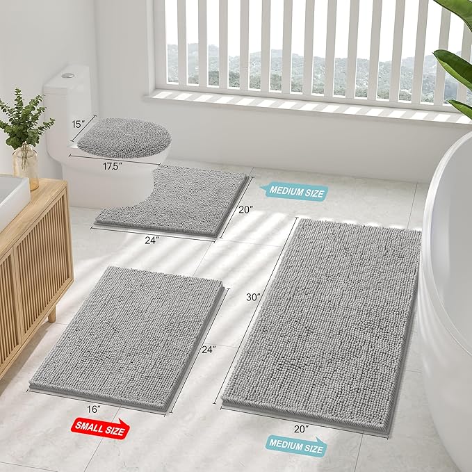 Smiry Luxury Chenille Bathroom Rugs 36x24, Extra Soft and Absorbent Shaggy Bath Mat, Machine Washable, Non-Slip Plush Carpet Runner for Tub, Shower, and Floor, Home Decor Accessories, Light Grey