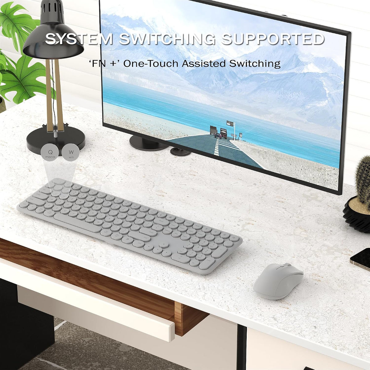 KEQTFT 110 1xUSB Wireless Keyboard and Mouse Combo, Round Quiet Keys, Adjustable Optical Mouse, Share Receiver, Power