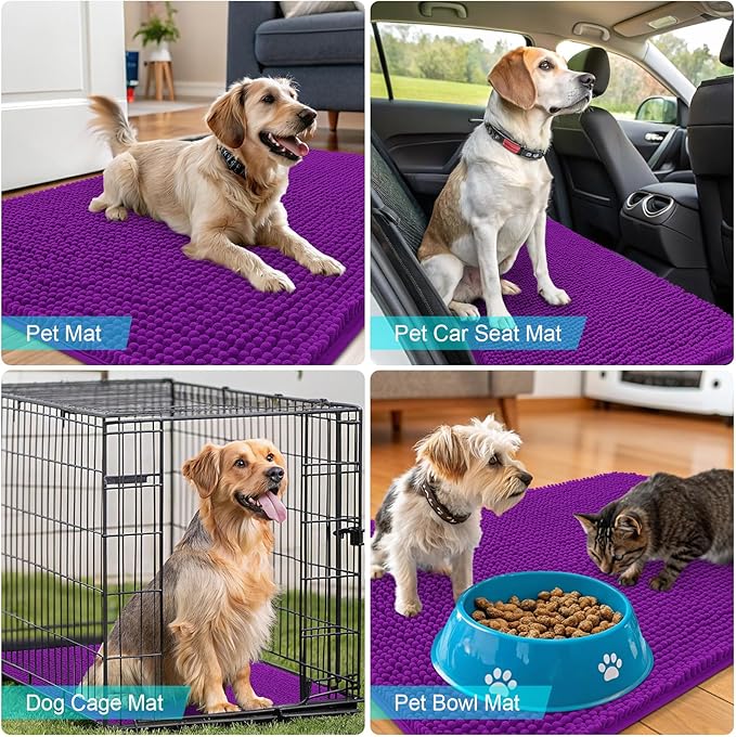 OLANLY Dog Door Mat for Muddy Paws 59x32, Absorbs Moisture and Dirt, Absorbent Non-Slip Washable Doormat, Quick Dry Chenille Mud Mat for Dogs, Entry Indoor Entryway Carpet for Inside Floor, Purple