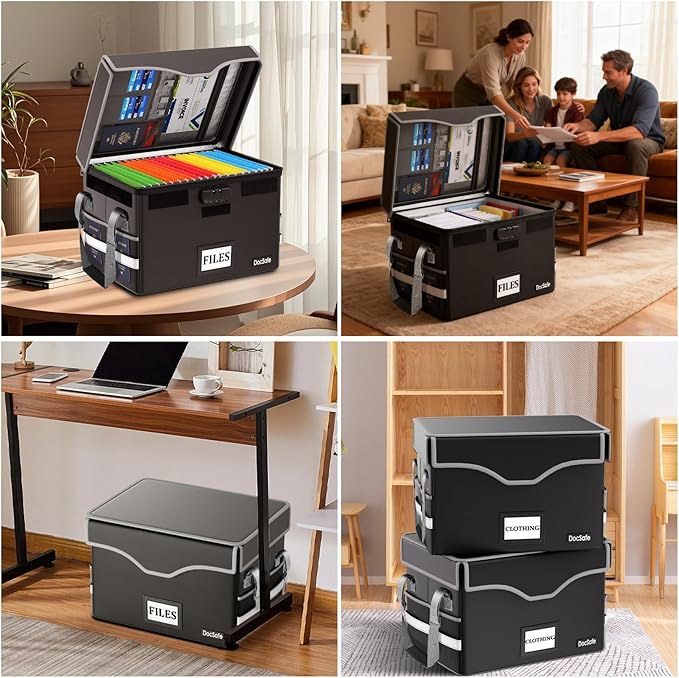 DocSafe 5200°F Fireproof Document Box with Lock,Heat Insulated File Organizer Storage with Pockets,Collapsible Portable Home Office File Safe Box with Handle for Hanging Letter/Legal Folders, Black