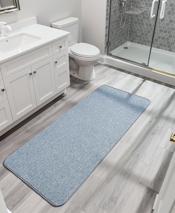 Bath Mat,Ultra Thin Bathroom Runner Rugs,Large Bath Mats for Bathroom,Quick Dry,Non-Slip,Machine Washable,Low Pile,Bath Rug,Shower Outside,Sink,Home Decor Accessories.Blue,2'x6'(24x72inch)