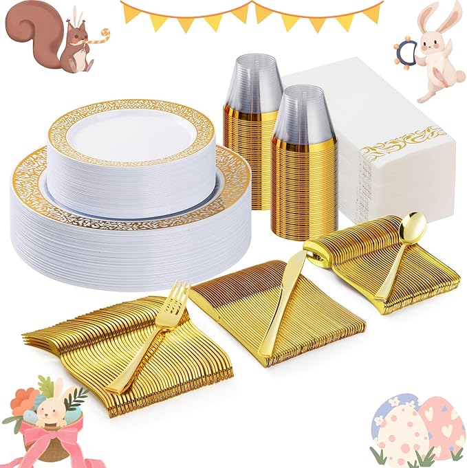 175PCS Gold Plastic Dinnerware Set for 25 Guests, Disposable Plates for Party, Wedding and Dinner, Include 25 Dinner Plates, 25 Dessert Plates, 25 Set Silverware, 25 Cups, 25 Napkins
