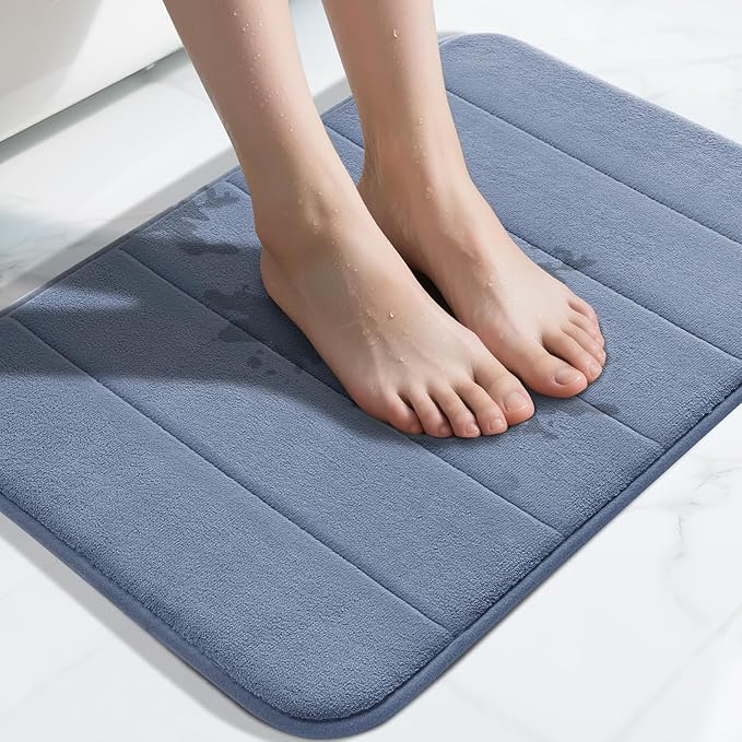 Yimobra Memory Foam Bath Mat, Super Soft Absorbent Bathroom Rug Non Slip, Quick Dry, Machine Washable Floor Carpet for Tub Shower, Home Decor Accessories, 24x17, Denim Blue