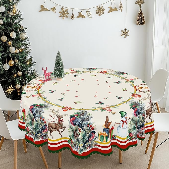 Eikione Christmas Round 60In Tablecloth Polyester Waterproof Stain Wrinkle Free, Christmas Reindeer Table Cover for Home Kitchen Dining Party