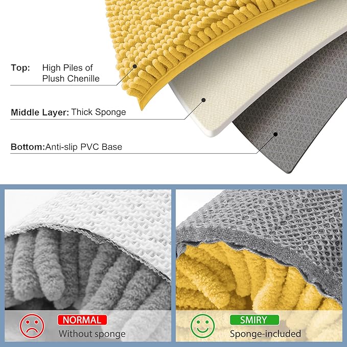 Smiry Luxury Chenille Bathroom Rugs 59x24, Extra Soft and Absorbent Shaggy Bath Mat, Machine Washable, Non-Slip Plush Carpet Runner for Tub, Shower, and Floor, Home Decor Accessories, Yellow