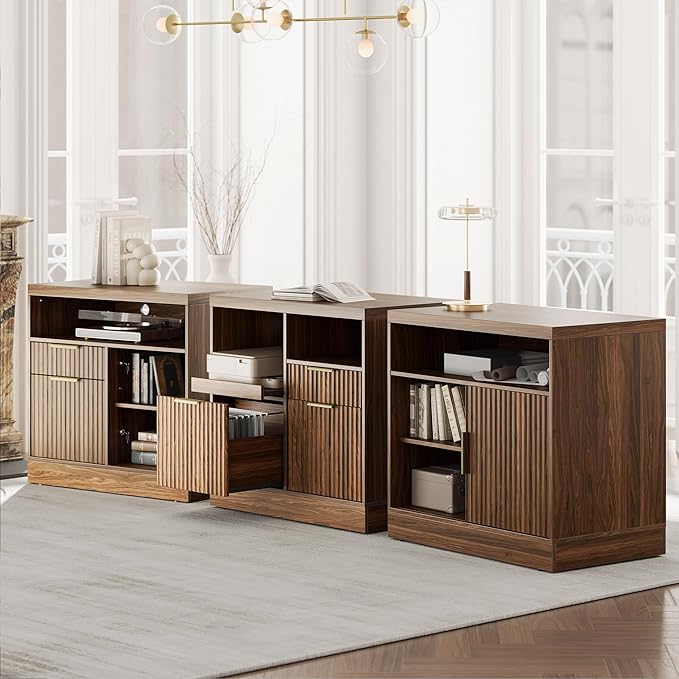 3 Drawer File Cabinet, Fluted Wood Lateral Filing Cabinet with Charging Station for Home Office, Fits for A4/Letter-Sized Files, Printer Stand with Open Storage Shelves, Black Walnut