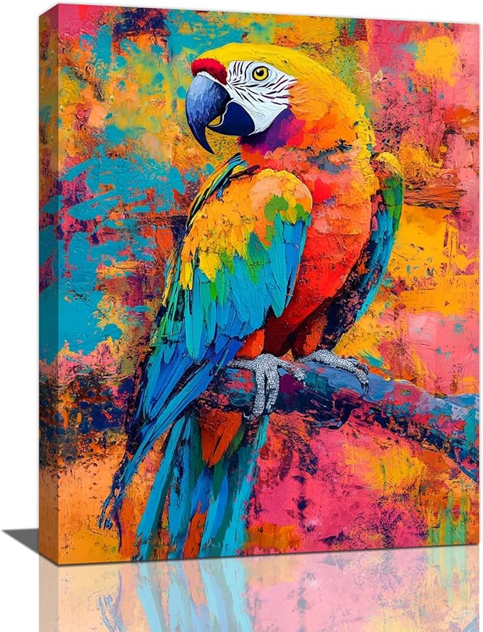 Parrot Wall Art, Graffiti Parrot Pictures Wall Decor, Colorful Birds Canvas Prints, Banksy Animal Painting, Framed Artwork for Bathroom Living Room Bedroom Office Dining Room 24"X16"