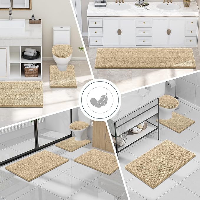Smiry Luxury Chenille Bathroom Rugs 50x30, Extra Soft and Absorbent Shaggy Bath Mat, Machine Washable, Non-Slip Plush Carpet Runner for Tub, Shower, and Floor, Home Decor Accessories, Beige