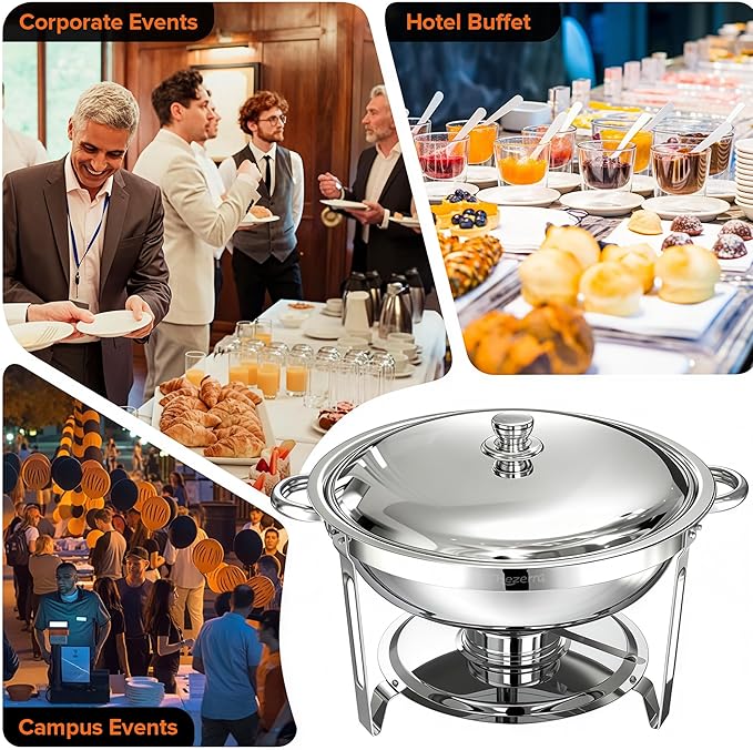 Chafing Dishes for Buffet, 4 Pack 5QT Round Stainless Steel Chafing Dish Set with Lid Holder for Home Parties, Christmas Gatherings, Catering Events, Complete Buffet Warmer Set - Silver