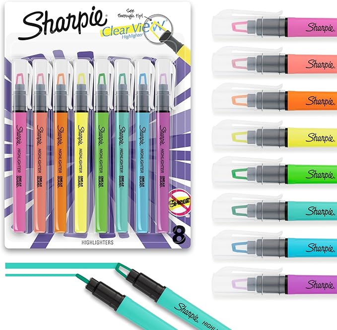 Sharpie Clear View Highlighter Sticks, Chisel Tip, Assorted Fluorescent, 8 Count - School, Home, and Office Use, Teacher Supplies