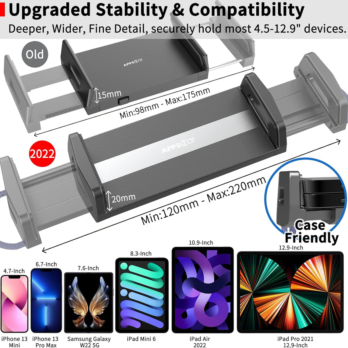 APPS2Car 7-13 Inch Upgraded Tablet Car Mount for iPad Truck Holder Long Arm Extension Strong Suction Cup Windshield