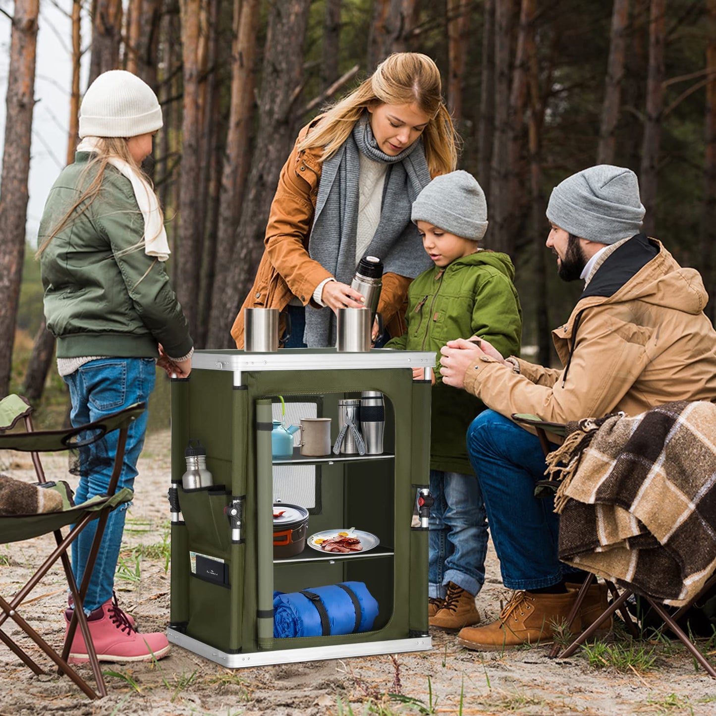 EAGLE PEAK Outdoor Folding Camping Table with Large 3-Tier Storage Organizer and Side Pockets, Easy Set Up Portable Aluminum Camping Kitchen, Green