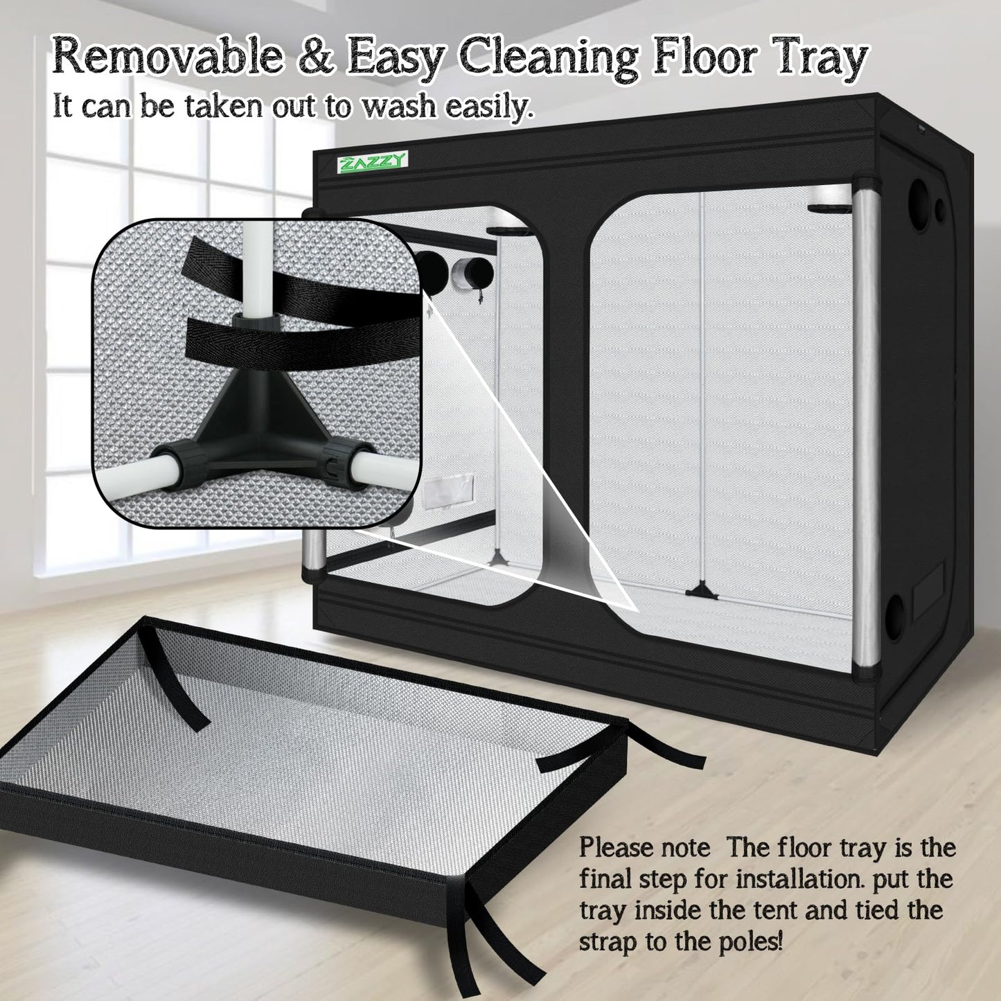 zazzy Grow Tent, 120"x60"x78" Hydroponic Mylar Grow Tent Reflective Garden Growing Dark Room with Observation Window, Removable Floor Tray and Tool Bag for Indoor Plant Growing 10x5