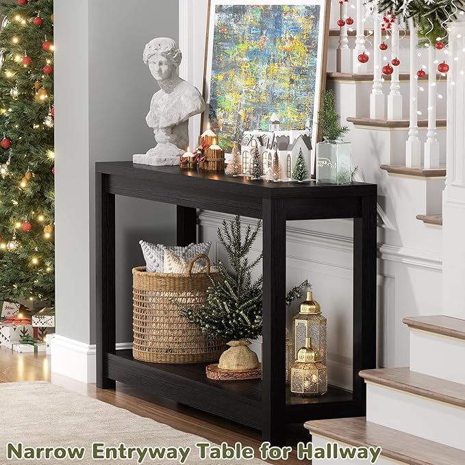 Small Farmhouse Wood Entryway Table Narrow Console Table with Storage Behind Couch Sofa Table with Shelves Entry Way Table with Open Storage, Easy Assembly, 32" Embossed Wood Grain Black