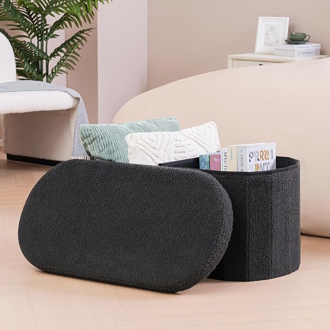 B FSOBEIIALEO Ottoman with Storage for Living Room, Sherpa Folding Storage Ottoman Foot Rest, 30 Inches Collapsible Bedroom Bench Dark Grey