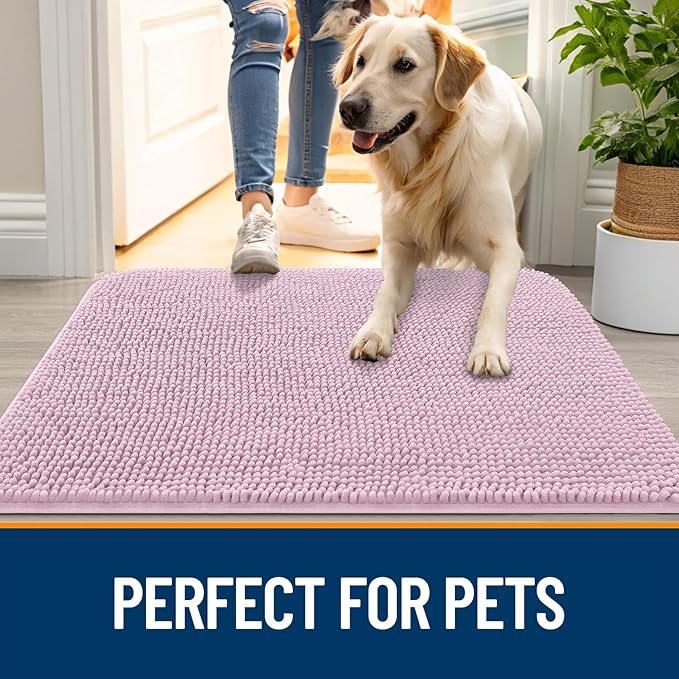 OLANLY Dog Door Mat for Muddy Paws 70x24, Absorbs Moisture and Dirt, Absorbent Non-Slip Washable Doormat, Quick Dry Chenille Mud Mat for Dogs, Entry Indoor Entryway Carpet for Inside Floor, Dusty Rose
