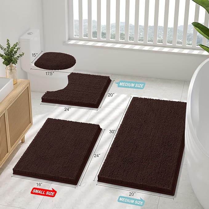 Smiry Luxury Chenille Bathroom Rugs 36x24, Extra Soft and Absorbent Shaggy Bath Mat, Machine Washable, Non-Slip Plush Carpet Runner for Tub, Shower, and Floor, Home Decor Accessories, Brown