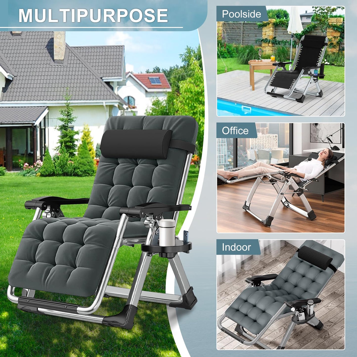 ABORON Zero Gravity Chair,Premium Outdoor Lawn Folding Lounge Chairs,Sturdy Adjustable Reclining Patio Chairs with Removable Cushion,Headrest & Tray