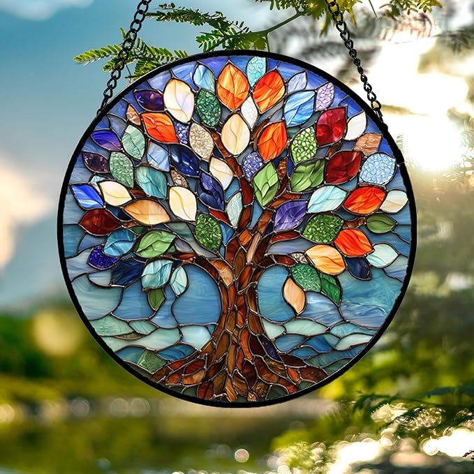 Stained Glass Window Hanging, Colorful Tree of Life Sun Catchers Glass Panel Blue Suncatcher Decor for Birthday for Women, Men, Wife, Aunt, and Mom 14.9x14.9 in