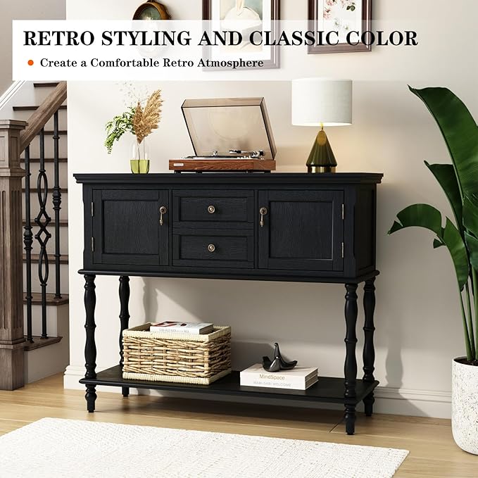 ARTPOWER Console Table with 2 Drawers, Retro Entryway Table with 2 Door Cabinets and Open Storage Shelf, Narrow Long Behind Couch Sofa Table for Living Room, Foyer, Hallway, Black