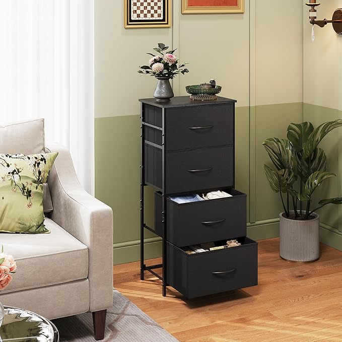 WLIVE Dresser with 4 Drawers, Fabric Storage Tower, Organizer Unit for Bedroom, Hallway, Entryway, Closets, Sturdy Steel Frame, Wood Top, Easy Pull Handle, Charcoal Black