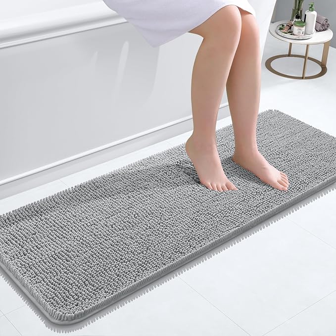 OLANLY Bathroom Rugs 47x17, Extra Soft Absorbent Chenille Bath Rugs, Rubber Backing Quick Dry, Machine Washable Bath Mats for Bathroom Floor, Tub and Shower, Home Decor Accessories, Light Grey