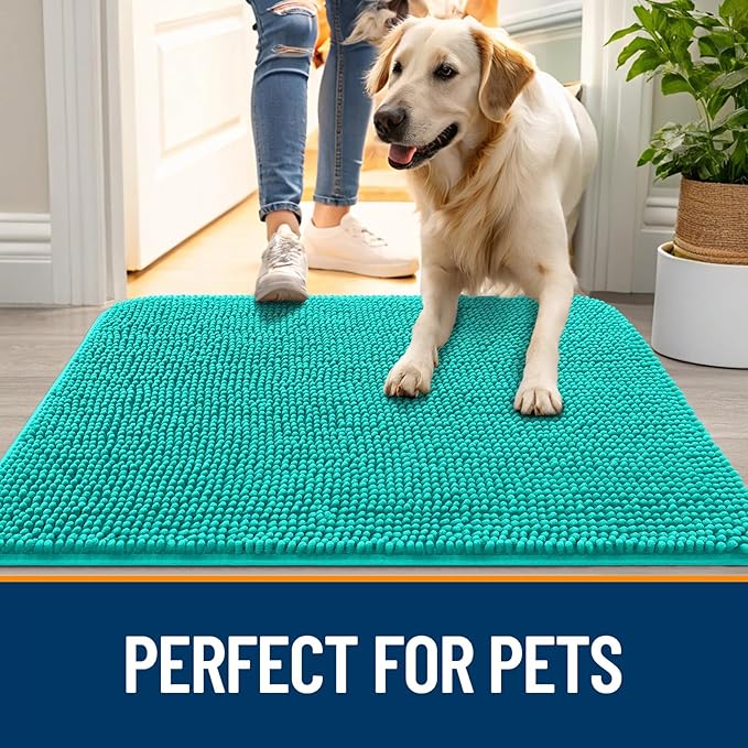 OLANLY Dog Door Mat for Muddy Paws 47x24, Absorbs Moisture and Dirt, Absorbent Non-Slip Washable Doormat, Quick Dry Chenille Mud Mat for Dogs, Entry Indoor Entryway Carpet for Inside Floor, Teal