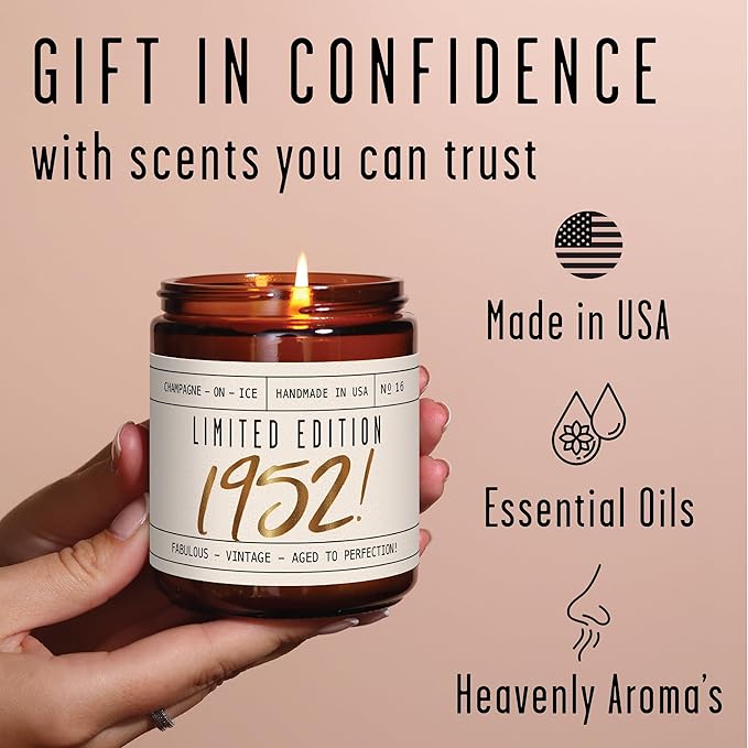 73rd Birthday Gifts for Women - 'Limited Edition 1952' Soy Candle, w/Champagne on Ice I 73 Birthday Gifts for Women I 73rd Birthday Gift for Her Ideas I 9oz Reusable Jar, 50Hr Burn, Made in USA