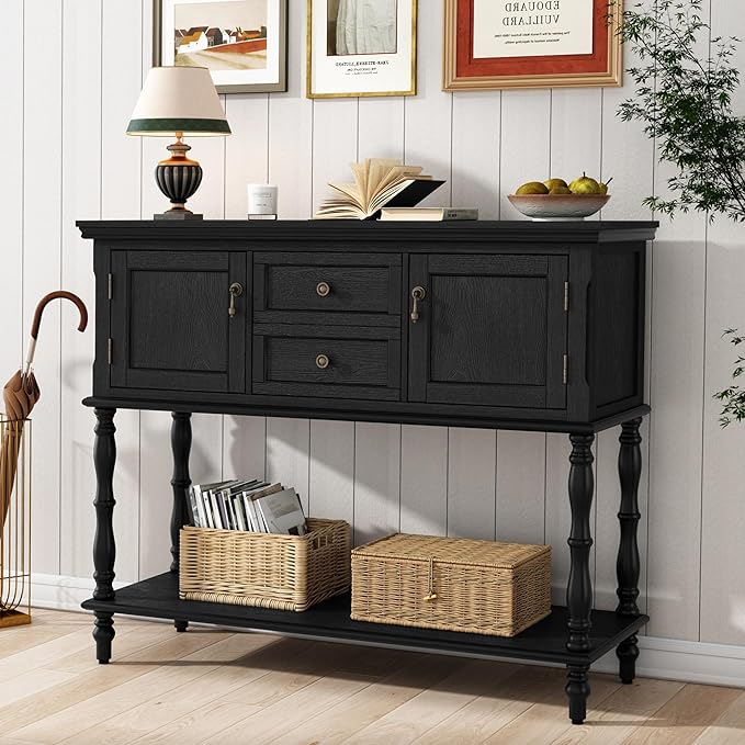 ARTPOWER Console Table with 2 Drawers, Retro Entryway Table with 2 Door Cabinets and Open Storage Shelf, Narrow Long Behind Couch Sofa Table for Living Room, Foyer, Hallway, Black