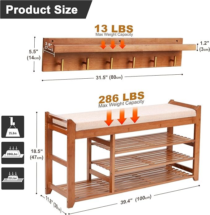 Hall Tree with Bench and Shoe Storage, Coat Rack Shoe Bench Set with Seat Cushion and 6 Hooks for Entryway, Hallway, Living Room and Bedroom