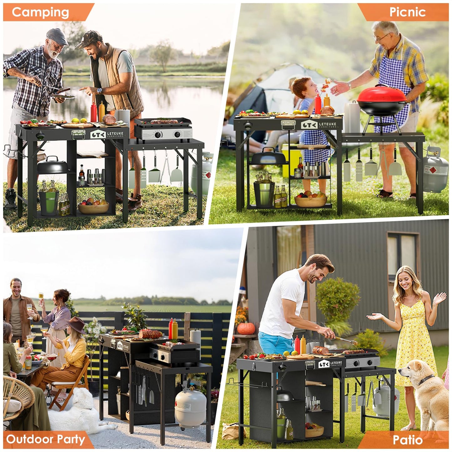 Leteuke Grill Table for Blackstone Griddle, Portable Foldable Grill Table with Storage Fits Ninja, Blackstone Griddle Stand for Outdoor Camping, Picnic, Garden, Patio, Dining, BBQ, Party