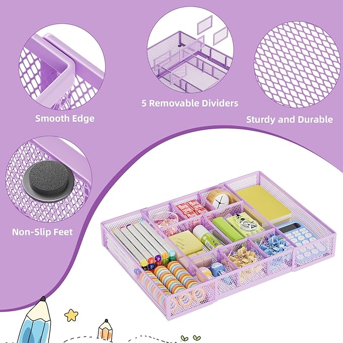 Marbrasse Expandable Desk Drawer Organizer, Mesh Drawer Organizer Tray with 10 Adjustable Compartments, Desk Organizers and Accessories for Office Supplies, Makeup & Vanity (Expandable-Purple)