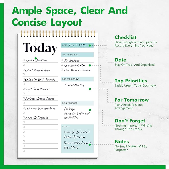 2 To Do List Notepads, Daily Planner Notebook with Tear-off Design, Undated Writing Organizer for Daily Tasks and Goal, Coiled Task Track Checklist Productivity Pad for Office, Classroom, Home, School