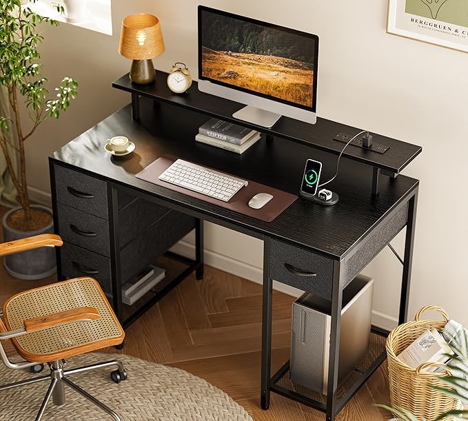 Huuger 47 inch Computer Desk with 4 Drawers, Gaming Desk with LED Lights & Power Outlets, Home Office Desk with Large Storage Space for Bedroom, Work from Home, Black