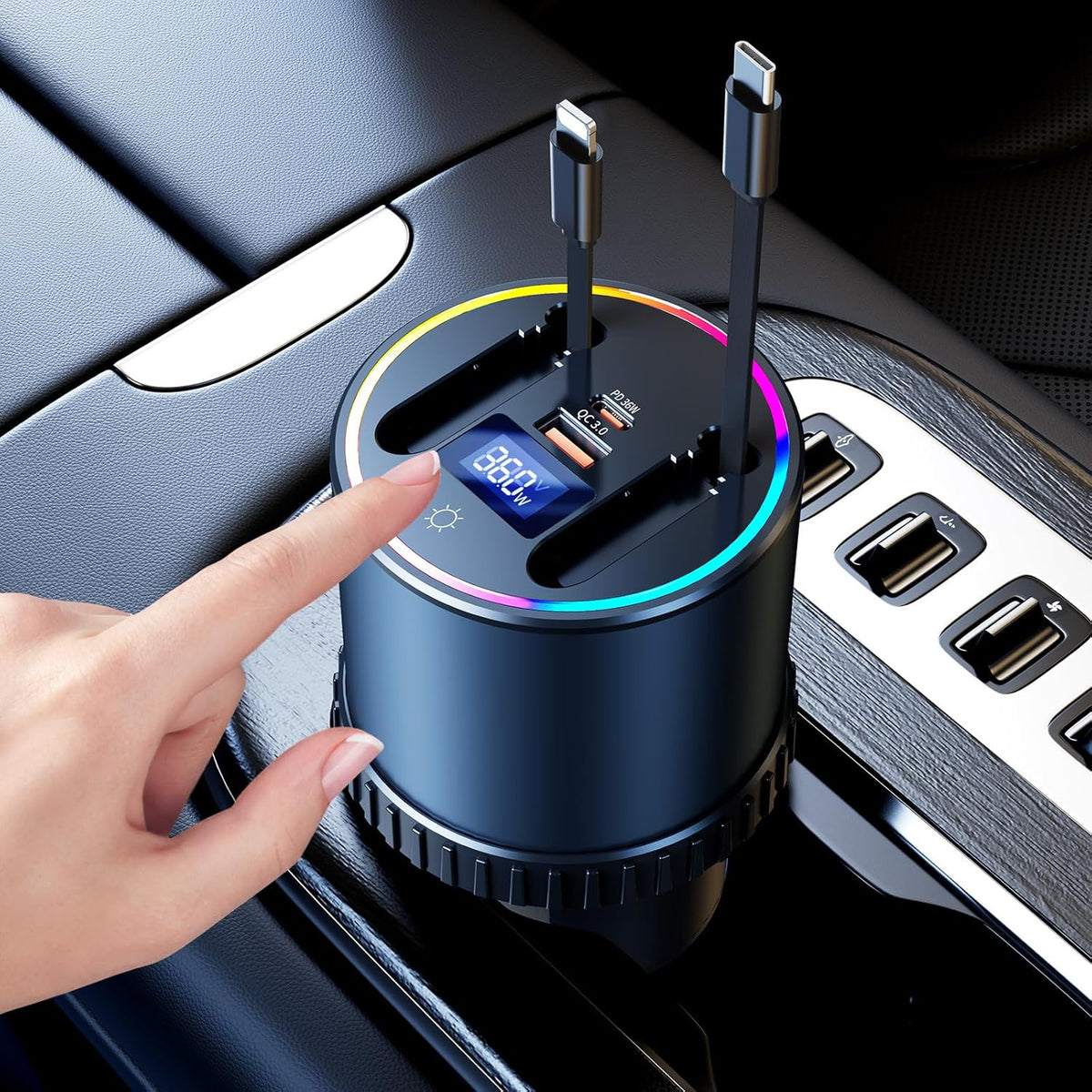 DICMKY 4 17 16 15 14 13 Retractable Car Charger USB Hub with RGB Light, Port Car Charging Station Cigarette Lighter