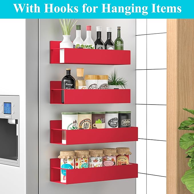 4 Pack Magnetic Spice Storage Rack Organizer for Refrigerator and Oven, Red Fridge Organizers and Storage