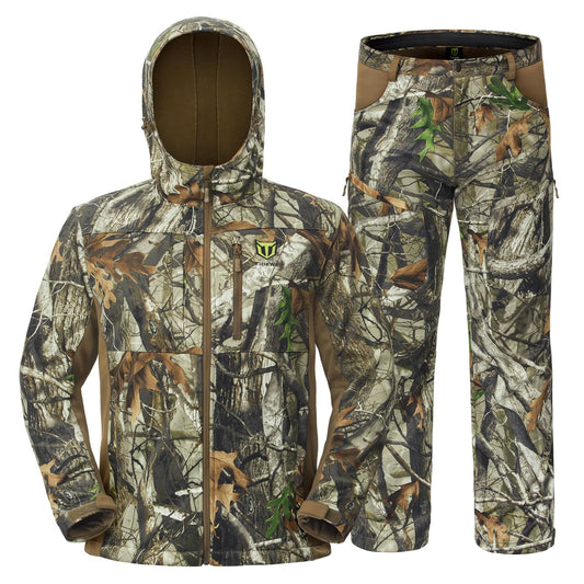 TIDEWE Hunting Clothes for Men with Fleece Lining, Safety Strap Compatible Water Resistant Silent Jacket and Pants, Hunting Suit for Climbing Hiking Trekking Camping (Next Camo G2 Size XL)