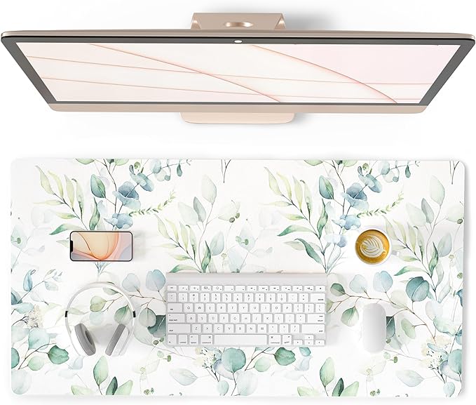 QIYI Large Mouse Pad, Cute Green Leaves Desk Mat for Desktop, Women Girls Office Décor Desk Accessories, PU Leather Waterproof Gaming Mousepad, Eucalyptus Leaf Desk Pad Computer Mat, 31.5" x 15.7"