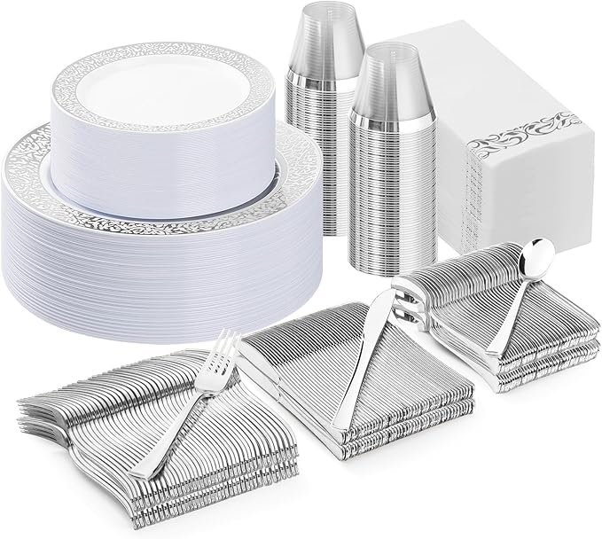 350PCS Silver Plastic Dinnerware Set for 50 Guests, Disposable Plates for Party, Wedding, Include 50 Dinner Plates, 50 Dessert Plates, 50 Set Silver Silverware, 50 Cups, 50 Napkins