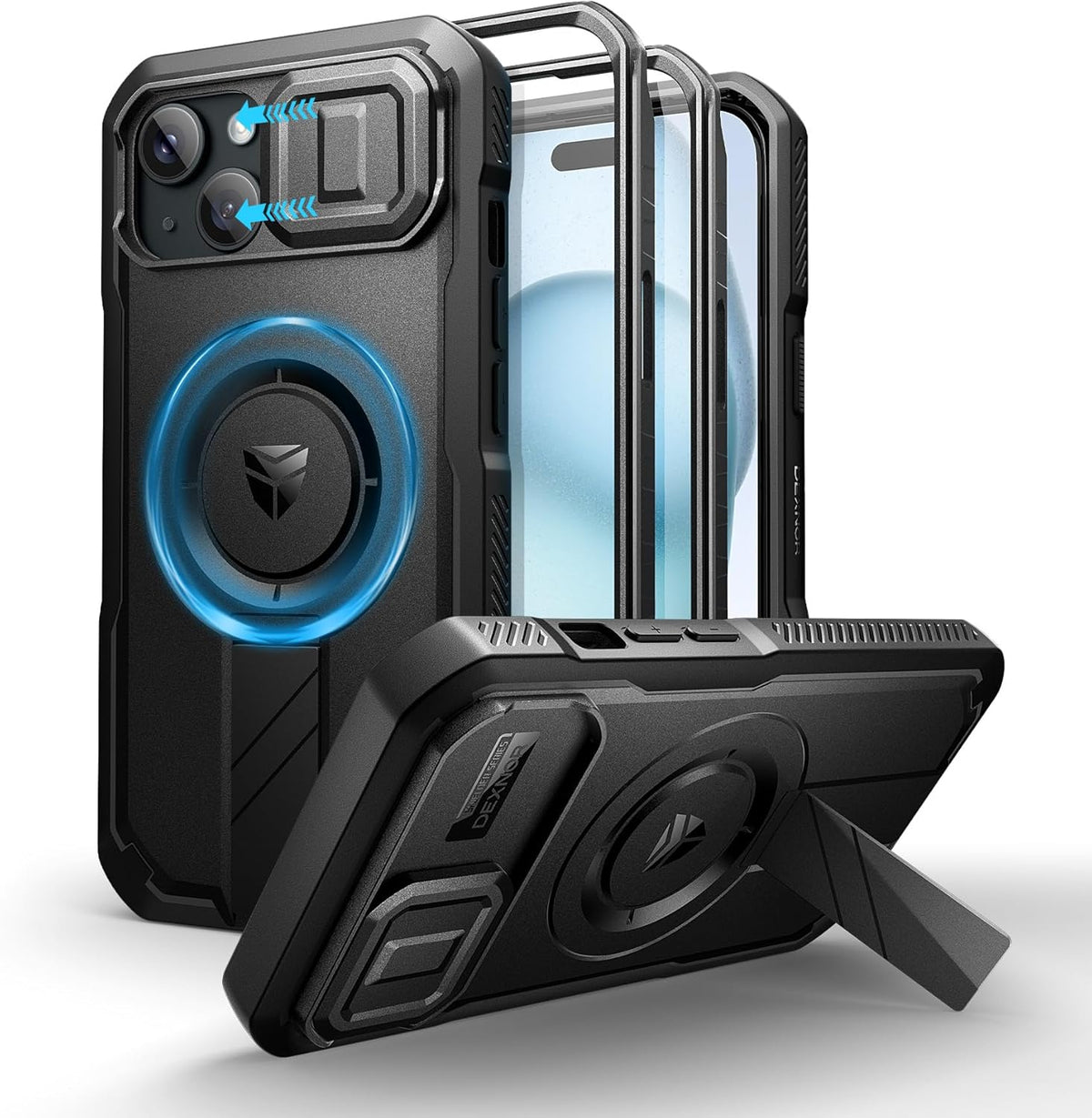 Dexnor 15 for iPhone Case with Slide Camera Cover & Adjustable Kickstand & Built-in Screen Protector, Magnetic Rugged