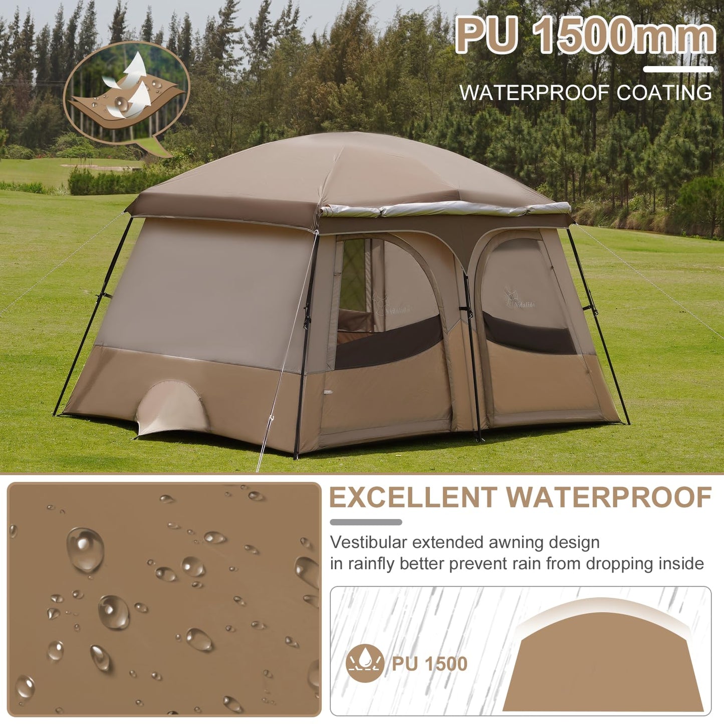 Vidalido Tents，6-8 Person Camping Tent with Extended Vestibule，2 Room Weather Resistant Family Tents，Easy Install Waterproof Outdoor Tent for Backpacking and Camping Hiking